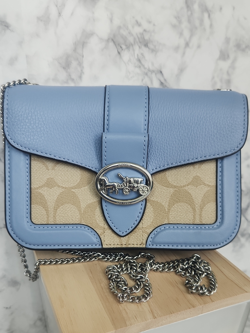 Coach Georgie- Light Blue Leather and Signature Canvas Chain Crossbody